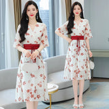 Elegant Chiffon Midi Dress Women's New Summer Fashion Temperament Thin Clothes V-neck Lace-up Floral Korean Female