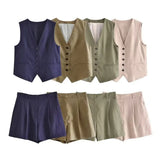 2025 Summer V-Neck Solid Color Single Breasted Vest High Waist Wide-Leg Pants Shorts Set