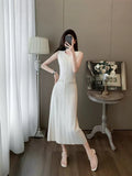 Elegant Sleeveless Round-Necked Pearl Knitted Long Dress Summer New High-End Simple