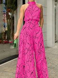 Pattern Printed Wide Leg Pants Office Overall Fashion High Waist Romper Chic New Women Long Sleeve High Collar