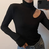 Sexy Skinny Turtleneck Top Woman Hollow Out Casual Long Sleeve T Shirt Skinny Spring 2021 Slim Tee Lady