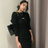 Autumn Ladies Maxi Slit Dress Elegant Women 2 Piece Set Dress Long Sleeve Solid Color Bodycon