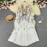 Zingj New Women's Dress Oversized Skirt Print Pleated Waist Lace Holiday