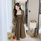 Zingj Summer New French Square Collar Solid Color Long Sleeve Sweet Temperament Show Thin Reduce Age In The Long Dress-Outfit