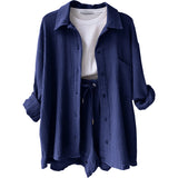 Women's Wrinkle Collar Long-Sleeved Shirt High-Waisted Rope Shorts Fashion Casual Two-Piece
