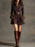 Women's Digital Printed Check-Shirt Dress Waist Pocket