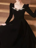 Chic Black Velvet Midi Dresses for Women 2023 New Autumn Vintage Fashion Evening Party Long Sleeve Female Clothing
