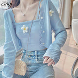 Sweater Women Two Piece Set Korean Fashion Flower Cropped Sweater Coat+Knitted Tank Top Casual Long Sleeve Loose