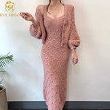 Knitted Single-breasted Lantern Sleeve Cardigan Sweater Coat V Neck Sleeveless Spaghetti Strap Sweater Dress 2 Piece