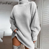 Turtleneck Long Sleeve Sweater Dress Women Autumn Winter Loose Tunic Knitted Casual Pink Gray Clothes Solid