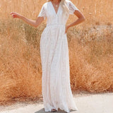 Queens Fashion Women Deep V-neck Lace Hollow Out Bohemian Maxi Dress Vintage Lady White Boho