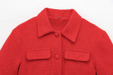 Red Solid Collar Short Sleeve Buttoned Top And Mini Skirt Set-Outfit