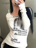 Retro Graffiti Print T Shirt Women Slim Crop Tops Long Sleeve Y2k Grunge Tops Streetwear America Tshirts Autumn