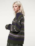 Womens Y2K Grunge Autumn Winter Casual Sweater Long Sleeve Round Neck Vintage Pattern Print Knitwear