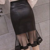 Black Faux Leather Mesh Frill Patchwork Pencil Midi Skirt- Outfit