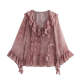 Spring/Summer Blouse With V-Neck Folding Animal Pattern Printed Women's Long-Sleeved