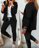 Women New Autumn Lapel Collar Blazer Coat & Drawstring Pants Set Long Leggings Suit Elegant 2 Piece Jacket
