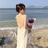 2022 Summer Solid Halter Knitted Backless Maxi Dress for Women Sexy Beach Holiday Vintage Tassels Robe New