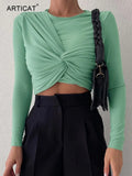 Solid Round Neck Knotted T Shirts Autumn Elegant Fashion Female Crop Tops Sexy Casual Long Sleeve Slim Skinny Tee