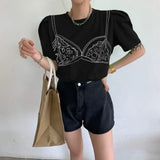 Cotton Open Back Short Sleeve Tees Summer Puff Sleeve Top Green White Black T Shirt Women Designer