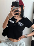 Retro Graffiti Print Elastic T Shirt Women Sexy Slim Crop Top Black Short Sleeve O-neck Tops Grunge Tee Tops