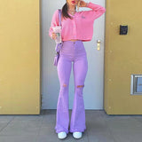 Y2k Flared Jeans Women High Waist Fashion Purple Stretch Baggy Mom Jeans Wide Leg Pants Elegant Denim Trousers