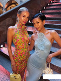 High-End Women's New Sexy Bare Back Hanging Neck Dress Dress Flower Decorative Temperament Banquet Dress