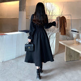 Black Elegant Dress Women Vintage Long Sleeve Spring Autumn Dresses Square Collar Oversize Loose Casual Robe
