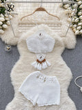 Bohemian Knit Two Pieces Suits Women Lace Up Halter Tassel Backless Tops+Hook Flower Hollow Out Shorts Sexy Beach