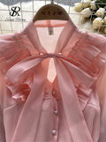 Bow Sweet Satin Loose Blouse Women Ruffles Long Sleeves Autumn Shirt Fashion Streetwear Korean y2k Vintage Top