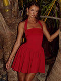 Halter Neck Sleeveless Pleated Mini Dress-Outfit