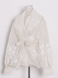 Retro Palace Style Top Autumn 2025 New Organza Lapel Lantern Sleeve Lace Printed Shirt