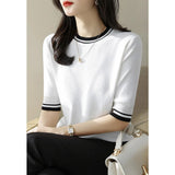 Zingj New Loose Show Thin Middle Sleeve T-Shirt Bottom Top Thin T-Shirt Women's Round Collar Five Minute Sleeve Patchwork Color Knit Women-Outfit