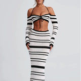 New Hottie Women's Suit Summer Striped Long-Sleeved Hanging Neck Top Skirt Two-Piece