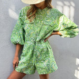 Spot 2025 New Fashion Print Stand Collar Print Rope Shirt Jumpsuit