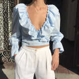 Lady Fashion Ruffled V-Neck Crop Top Long Puff Sleeve Blouse Woman Casual Shirt Tops Autumn Clothes Female Plus Size