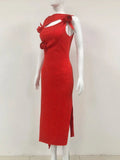 Red 3D Flower Cutout Rhinestone Midi Dress- Outfit