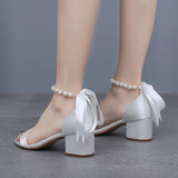 Cm Thick Heel Sandals Shallow Mouth With Sandals Champagne Satin Cloth Bride White Sandals Women Wedding