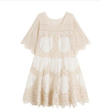 Girl Vintage Fairy Lace Dress Flare Sleeve Hollow Crochet Embroidery Medium Length Loose Waist Women Bohemian Dress