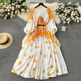 Zingj New Women's Dress Dress Oversized Printed Pleated Pleated Waist Belt Holiday