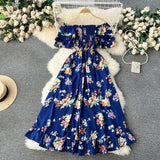 Zingj 2024 New French Vacation One-Line Collar Off-Shoulder Short Sleeve Closed Waist Slim Flower Long Grandiflorum