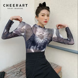 Goth Mesh Top Women 2021 Trend Fashion Graphic T Shirts Long Sleeve Turtleneck See Through Tshirts Gothic
