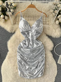 Summer Strap Shiny Party Dress Women V Neck Sleeveless Slim Backless Short Sundress Streetwear Ruched Beach Mini