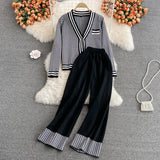 Women Suit New Temperament Knitted Cardigan Sweater Coat + Wide Leg Pants Casual Sweet V-neck Two Piece Suit Plaid