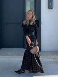 Neck Shoulder Pad Gird Pattern Maxi Dress Women Long Sleeve Slim Pleated A-line Dresses 2024 Fashion Lady Party