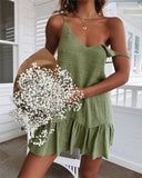Spaghetti Strap Ruffle Dress Women Summer Dress Cotton Linen Vestidos Green Dresses Off Shoulder Sexy Mini
