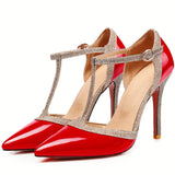 SGESVIER Women Shoes Thin High Heels Pumps Nude Red Shoes Sexy Pointed Toe T-strap Wedding Party Dress Shoes Size 31-47