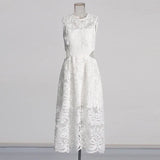 2025 New Fashion Round Collar Solid-Colored Flower Embroidered Lace Hollow Design With High-End Feel Dress