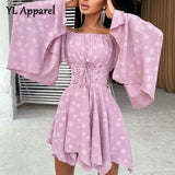 Slash Neck Flare Sleeve Irregular Hems Corset Short Dress Streetwear Girls High Waist A-line Tunics Evening Party