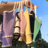 Women Spaghetti Strap Sweet Off-shoulder Sweet Knitted Tanks Womens Korean Style Elastic Slim Chic Ins Trendy Tops